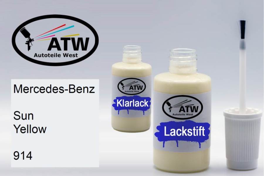 Mercedes-Benz, Sun Yellow, 914: 20ml Lackstift + 20ml Klarlack - Set, von ATW Autoteile West.